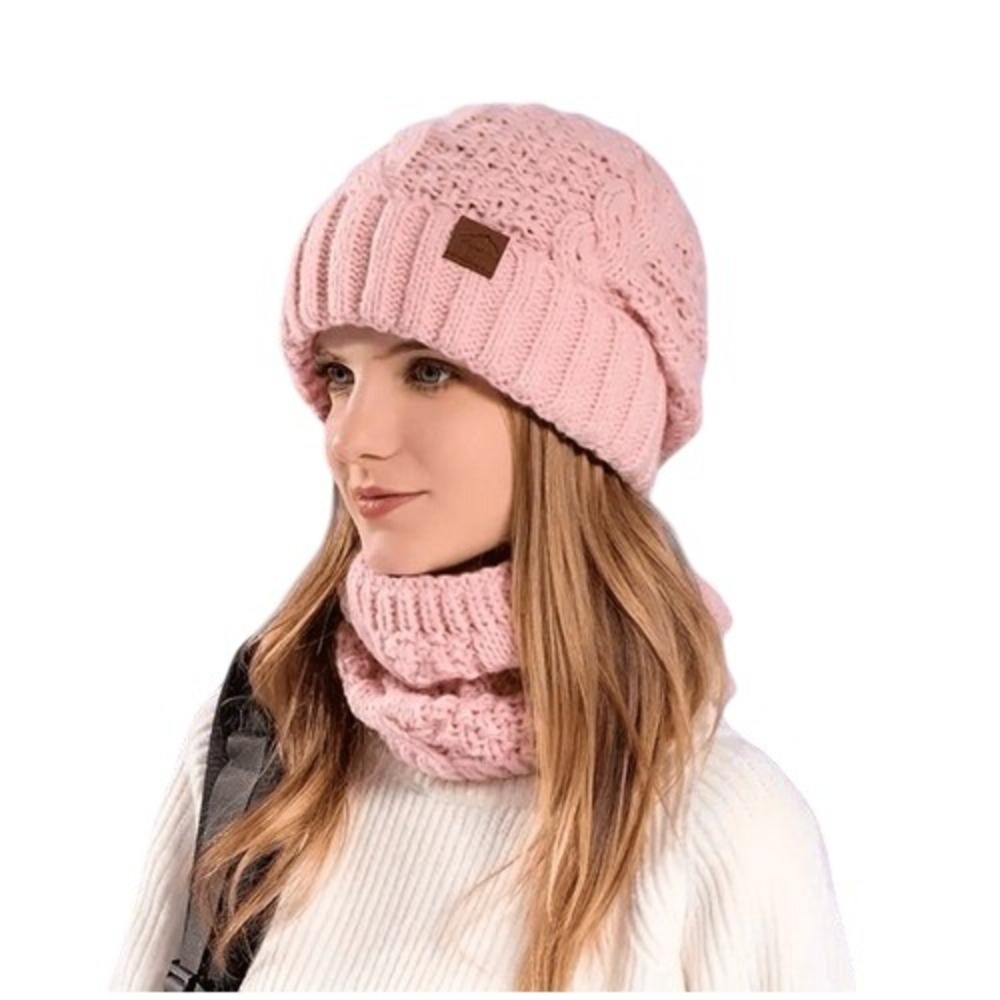 Cozy Winter 2pc Pink Beanie Hat + Cable Knit Neck‎ Warmer Skiing Hiking Camping